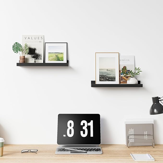 Floating Shelves for Wall, 16 inch Solid Wood Picture Ledge Shelf, Picture Shelf for Wall with Ledge, Floating Book Shelves for Living Room Bedroom Kitchen Nursery Decor, Black, Set of 2-NeatNest