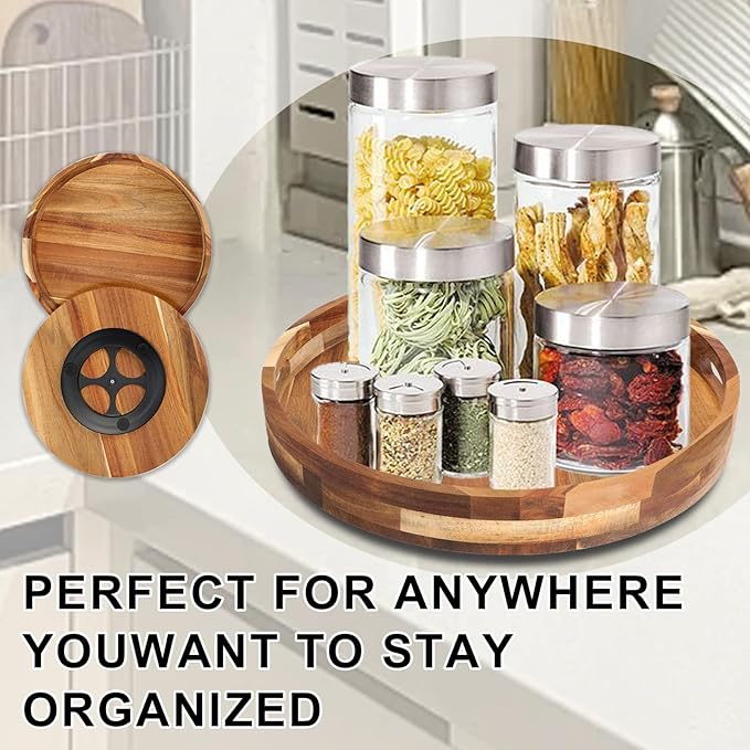 Acacia Wooden Lazy Susan for Table Top-12 Inch Wooden Lazy Susan Turntable with Double Handle-Large Acacia Wooden-Spice Organizer for Countertop, Table, Cabinet
