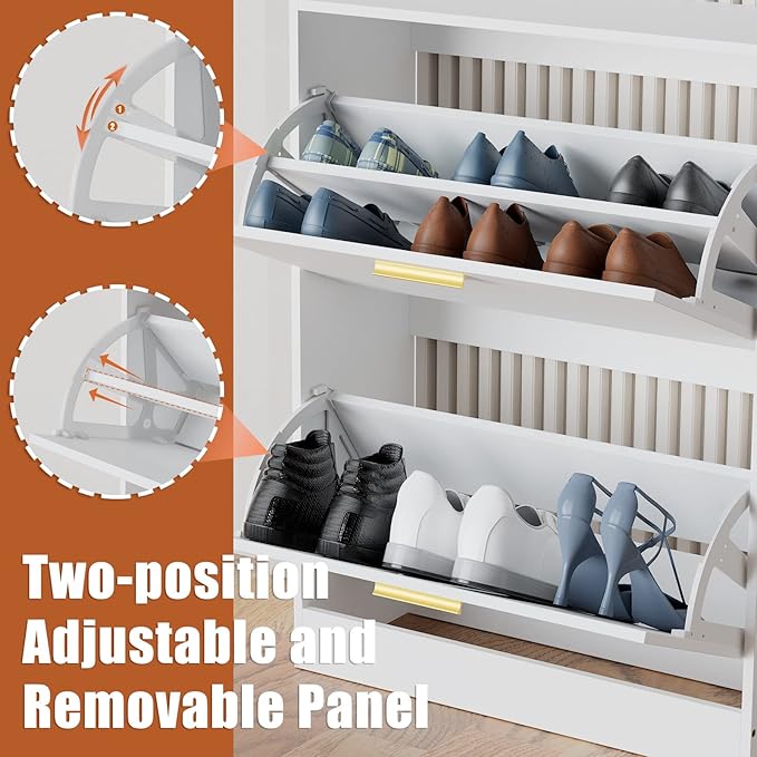 JOZZBY Shoe Cabinet for Entryway, Narrow White Shoe Storage Cabinet with 2 Flip Drawers, Wooden Hidden Shoe Rack Organizer with 2 Tier Freestanding for Hallway, Living Room, Set of 2-NeatNest