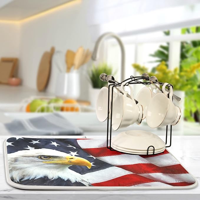 Absorbent Dish Drying Mat for Kitchen Counter - Flag Eagle American Microfiber Drying Pad, Reversible Drainer Mats for Countertop, Small 16" x 18"