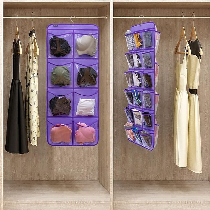 Dual-Sided Hanging Closet Organizer for Socks Underwear Bra Kids Storage Organizer for Baby Clothes Toddler Shoes with 26 Pockets (Purple-Clear Pockets)-NeatNest