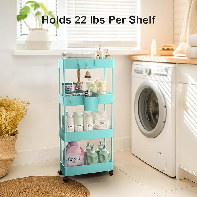 Pipishell Slim Storage Cart with Wheels, 4 Tier Bathroom Storage Organizer Rolling Utility Cart for Bathroom Kitchen Laundry Room Office Narrow Place (Turquoise)-NeatNest
