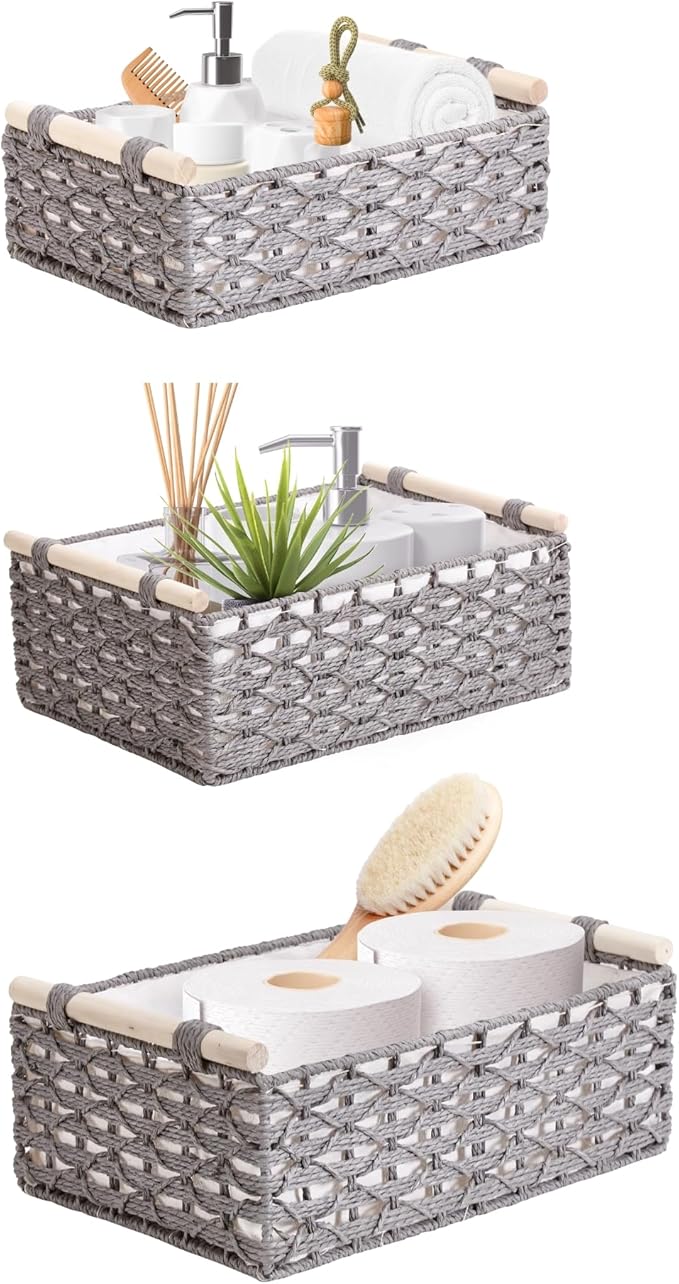 DECOMOMO Toilet Tank Basket, Wicker Storage Bins for Countertop, Toilet Top Organizer, Back of Toilet Basket, Pantry, (Grey, Set of 3)-NeatNest