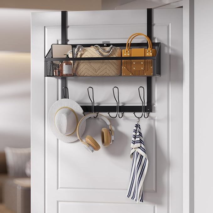 Over The Door Hooks Organizer with 12 Hooks, Over The Door Storage Rack with Mesh Basket,Back of Door Storage Organizer Over The Door Hanger for Bedroom,Bathroom,Kitchen, Pantry, Black