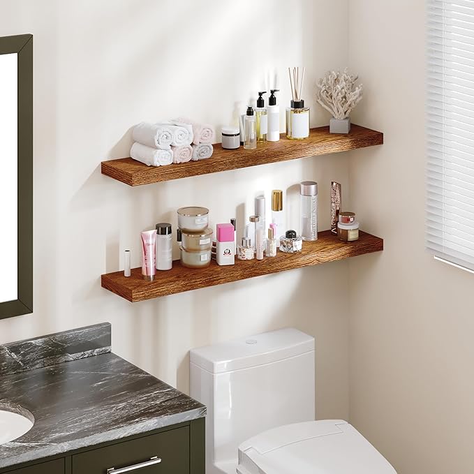 BAMEOS Floating Shelves, American Oak Wall Mounted Wooden Shelves with Invisible Brackets Set of 2, Hanging Wall Shelves Decoration for Bedroom, Bathroom, Living Room and Kitchen-NeatNest