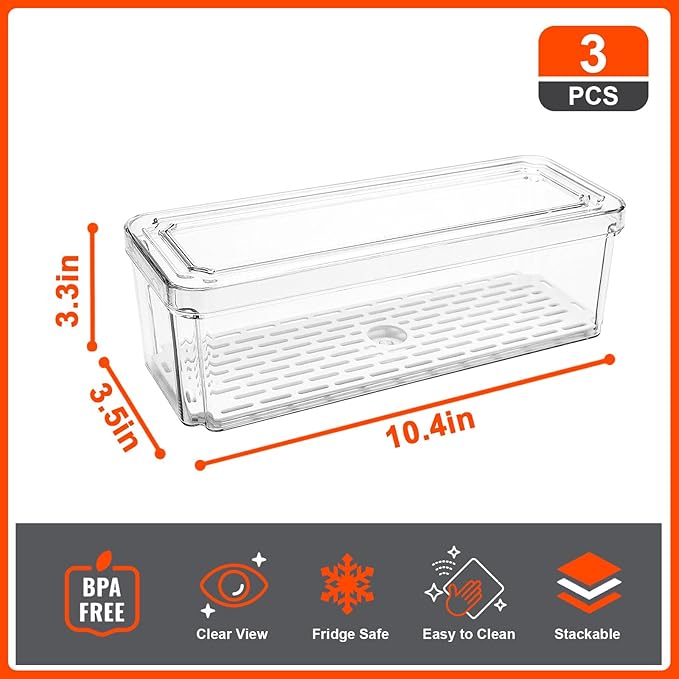YINGRACE 3 Pack Fridge Organizer Bins, Stackable Refrigerator Organizers and Storage, BPA-Free Clear Produce Containers For Fruit, Vegetable, Drinks, Snacks