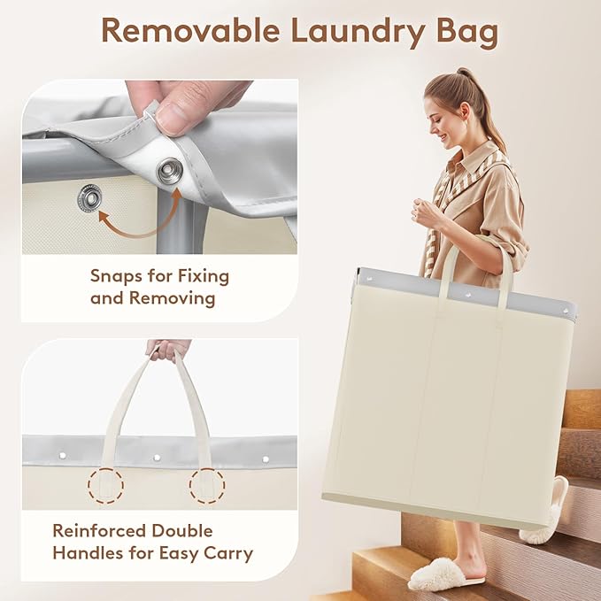 Lifewit 200L Large Laundry Basket with Wheels, Tall 3 Section Laundry Hamper Organizer, Rolling Laundry Cart with Steel Frame & Removable Bag for Luandry Room Bathroom Bedroom, White
