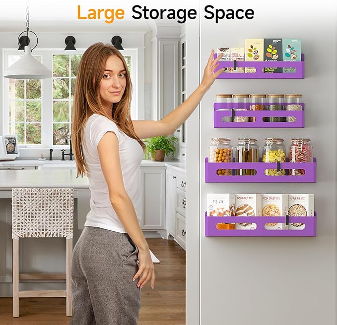 4 Pack Magnetic Spice Rack for Refrigerator, Spice Rack Organizer, Moveable Magnetic Shelf Fridge Organizer with 4 Hooks for Kitchen and Oven Organization, Black, Purple