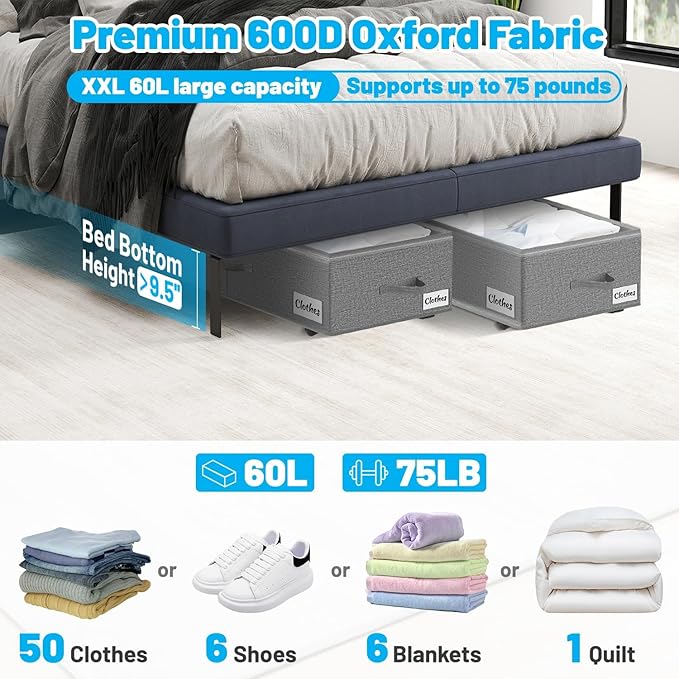 2 Pack Under Bed Storage with Wheels 10" Height, Rolling Storage Bins XXL 60L, Underbed Shoe Storage Containers with Label & Clear Lid, Dorm Under bed Drawers for Clothes, Shoes, Quick Assembly, Grey-NeatNest