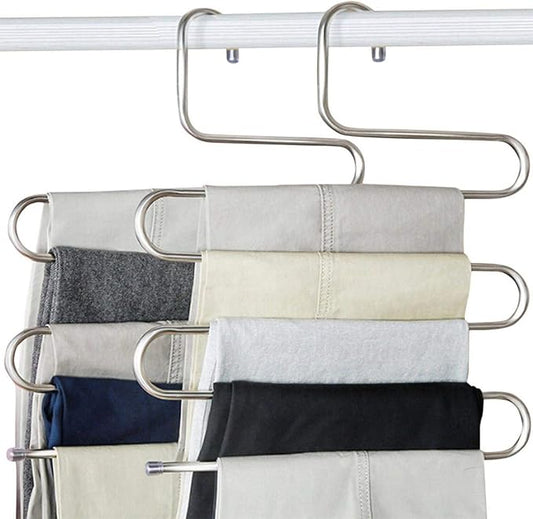 devesanter Pants Hangers Non-Slip S-Shape 4 Pack Trousers Hangers Stainless Steel Clothes Hangers Closet Storage Organizer for Pants Jeans Scarf (4 Pack with 10 Clips)-NeatNest