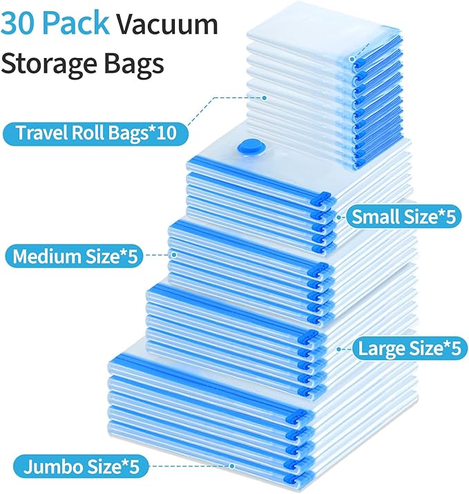 Vacuum Storage Bags, 30 Pack Vacuum Seal Bags for Clothing (5 Jumbo/5 Large/5 Medium/5 Small/10 Roll-Up Bag), Suitable Space Saving Solution for Clothes, Bedding, Blankets, Pillows and Travel-NeatNest