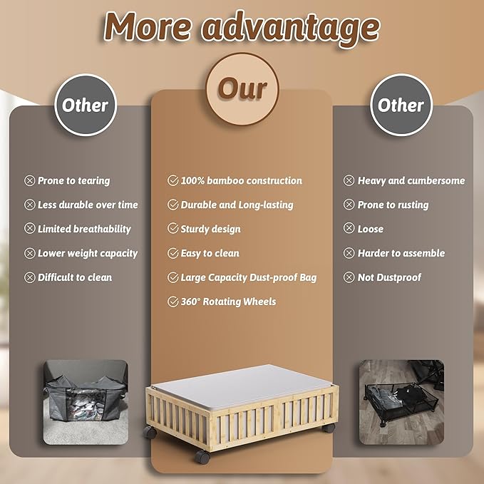 Bamboo Under Bed Storage Containers with Wheels, Rolling Under the Bed Shoe Storage Bins, Wood Stackable Underbed Drawers with Bag Organizer for Bedroom Closet Clothing Sweater Bedding Under Crib Toy-NeatNest