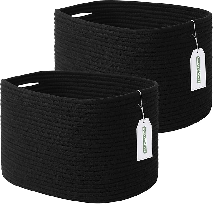 Cotton Rope Storage Basket, 15x10x9 Inches, Woven Basket for Shelves, Clothes, Toys, Towels, Books, and Laundry, Durable and Stylish, Black (2 Pack)-NeatNest