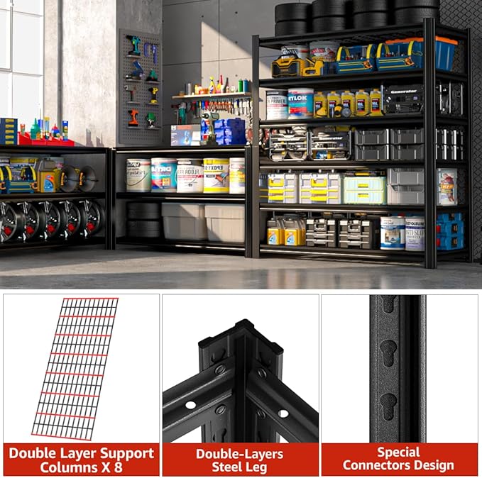 6 Tier Metal Garage Shelves, 84" H x 55.12" W x 24" D, 3600LBS Storage Heavy Duty Garage Shelving, Adjustable Shelving Unit for Warehouse, Basement, Kitchen, Store Display, Black-NeatNest