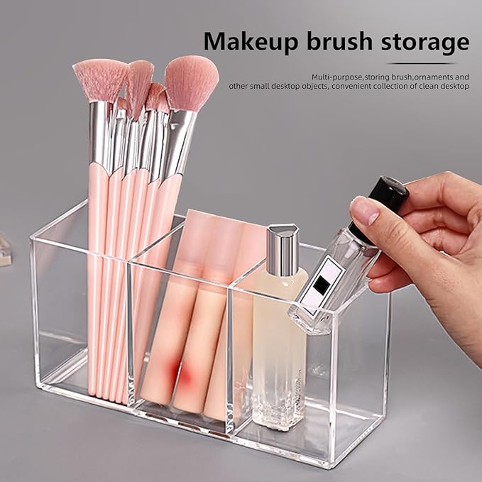 Acrylic Makeup Brush Holder, 2 Pack Clear Pencil Holder, Desk Accessories Holder with 3 Compartments, Brush Organizer for Vanity, Desk, Cosmetic Display-NeatNest