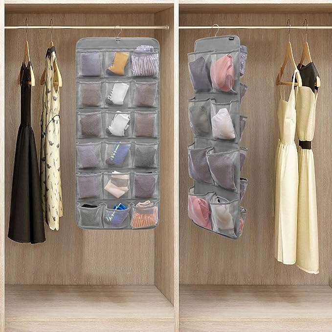 Dual-Sided Hanging Closet Organizer for Socks Underwear Bra Kids Storage Organizer for Baby Clothes Toddler Shoes with 26 Pockets (Grey-Mesh Pockets)-NeatNest