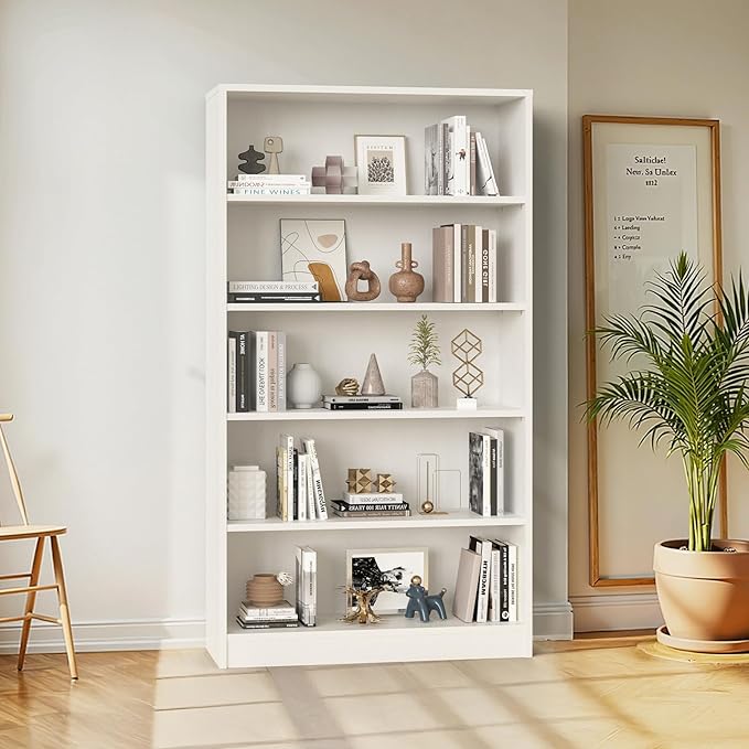 Farini 60 Inch Tall 5-Shelf Bookcase, Wood Bookshelf Storage Organizer Adjustable Shelf for Home Office, Study Room, Easy Assembly,White