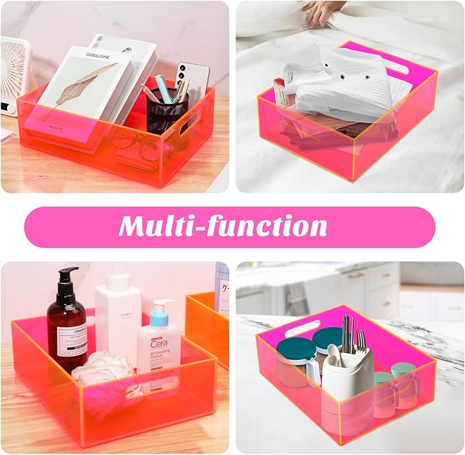 Acrylic Storage Bin Pantry Storage Container with Handles Kitchen Organizer Bin for Cabinet Cupboard Organization, Heavy Duty, 12.6 x 9.4 x 4'', Neon Pink