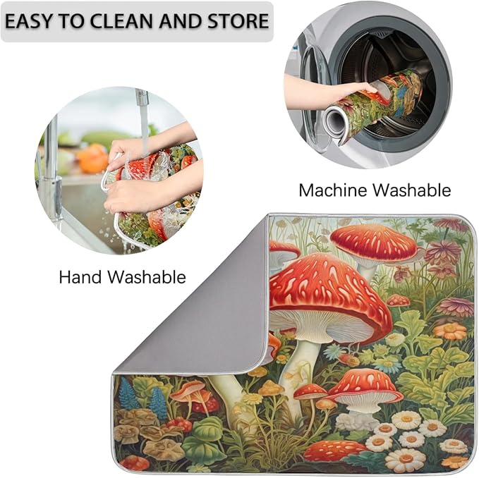 Dish Drying Mat Kitchen Counter - Absorbent Microfiber Drying Rack Pads Reversible Dish Pad Draining Mats for Countertop Coffee Mats,18x24 inch(Mushroom)