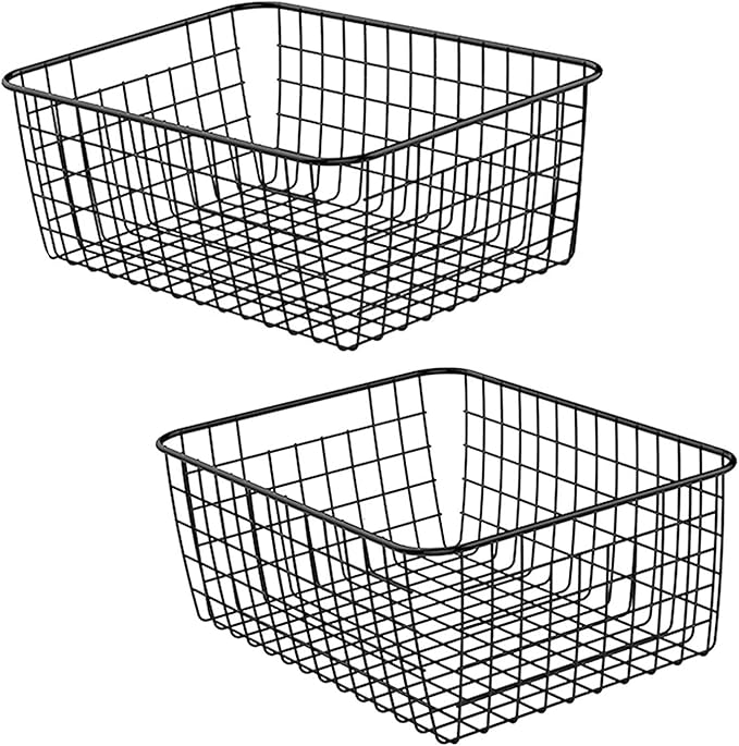 Kitchen Wire Baskets Farmhouse Decor Metal Food Storage Organizer,Household Refrigerator Bin with Built-in Handles for Cabinets,Pantry,Bathroom,Black