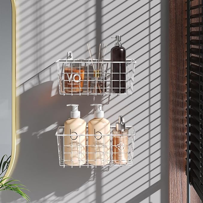 MaraFansie Hanging Wire Baskets Kitchen Storage Basket Adhesive and Screws Basket Over the Cabinet Door Organizer with Adhesive Strips and Screws Accessories, 2 Installations, 2 Pack, White-NeatNest