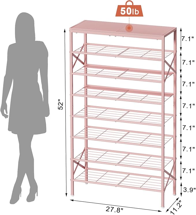 8-Tier Tall Shoe Rack Organizer Shoe Storage for Entryway 24-32 Pairs Metal Shoe Rack for Closet Heavy-Duty Shoe Rack with Wooden Top Shelf for Garage Pink-NeatNest