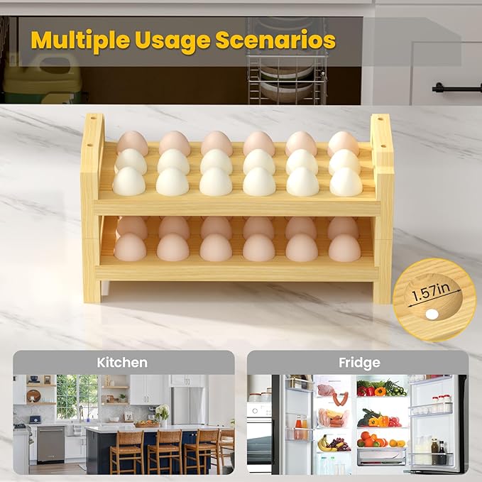Egg Holder Countertop, 2 Tier Stackable Wooden Egg Holder for 36 Eggs, Egg Stand with Handle for Kitchen Organizer, Fits Quail, Duck, Turkey, Chicken Eggs