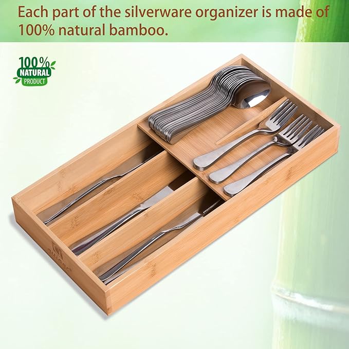 Bamboo Silverware Organizer, Kitchen Silverware Drawer Organizer, Utensil Tray Holder, Cutlery Tray for Spoons, Forks, Knives-NeatNest