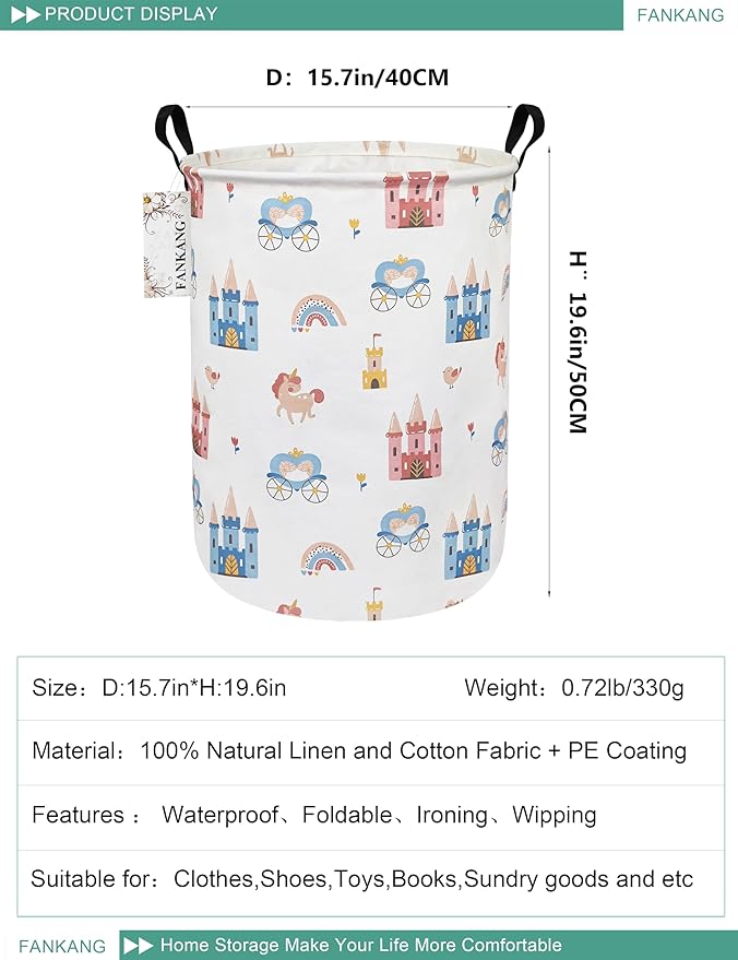 FANKANG Storage Basket, Nursery Hamper Canvas Laundry Basket Foldable with Waterproof PE Coating Large Storage Baskets for Kids Boys and Girls, Office, Bedroom, Clothes,Toys(castle carriage)