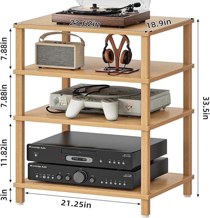 4-Tier AV Media Player Stand, Natural Stereo Cabinet, Modern Audio Shelf, Wooden TV Stand,Game Console Shelf, Multifunctional Entertainment Center, Suitable for Home, Conference Room, Game Studio-NeatNest