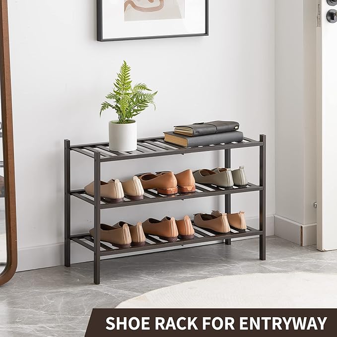 Shoe Rack, 3-Tier Bamboo Stackable Shoe Shelf Storage Organizer, Shoe Stand for Closet, Entryway and Hallway-NeatNest