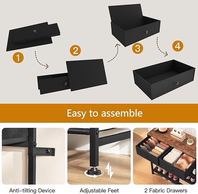 Usikey 4 Tier Shoe Rack With 2 Drawers, Metal Shelf for 9-12 Pairs, 3 Fabric Shelves and Wooden Top, Storage Organizer Stand for Closet Entryway, Black-NeatNest