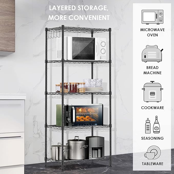 5 Tier Wire Shelving Unit, Adjustable Wire Rack Shelving, Changeable Metal Wire Storage Shelves for Kitchen, Laundry, Bathroom, Balcony, Pantry (11.4" D x 21.3" W x 59" H, Black)