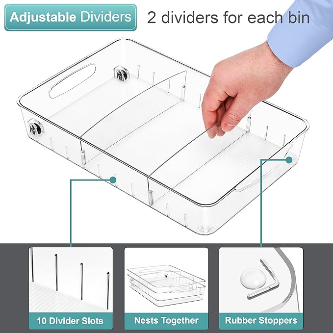 Sorbus Fridge Organizer on Wheels - Rolling Fridge Organizers and Storage Clear Design with Dividers & Handles for Kitchen Organization and Storage (Flat Top, Large - 2 Pack)