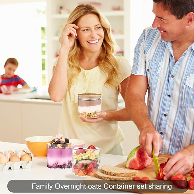 4 Pack Overnight Oats Containers with Bamboo Lids,10 Oz Glass Jars with Airtight Lids for Oats, Cereal, Yogurt, Chia Seed Pudding.Salad Jars Meal Prep