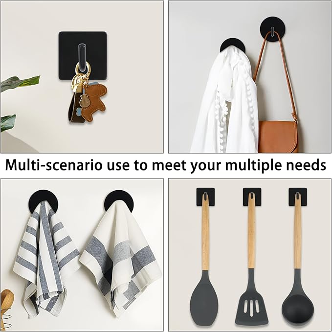 8Pcs Self Adhesive Wall Hooks, Waterproof Command Strips Hooks Including 4pcs Square Heavy Duty Hook and 4pcs Round Wall Hangers, Stainless Steel Towel Hooks for Hanging Coat Key (Black)