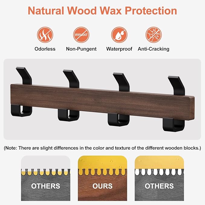 Coat Rack Wall Mount,Solid Walnut Coat Hooks Wall Mount with 4 Large Double Wall Hooks for Hanging Coats,Backpacks,Towels,etc. Wall Mounted Coat Rack for Entryway, Bathroom,etc, Walnut+black-NeatNest