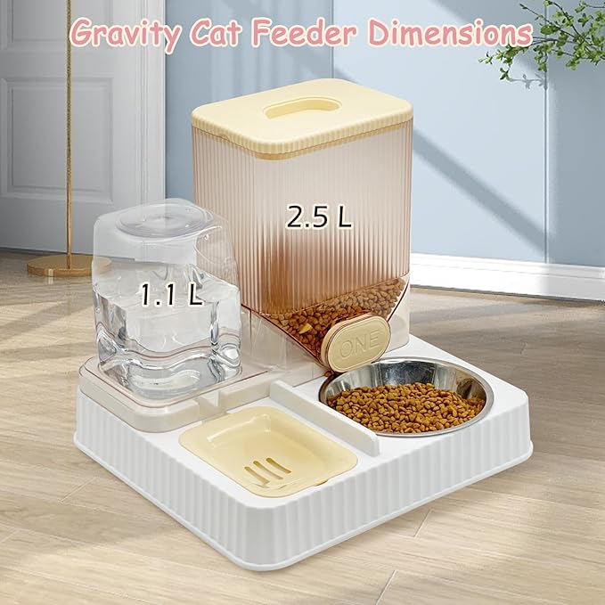 Fhiny Gravity Cat Feeder & Water Dispenser, 2 in 1 Automatic Puppy Waterer Removable Stainless Steel Food Bowls Set Self Feeding Pet Food Storage for Cat Kitten Puppy Easy Clean (Yellow)-NeatNest
