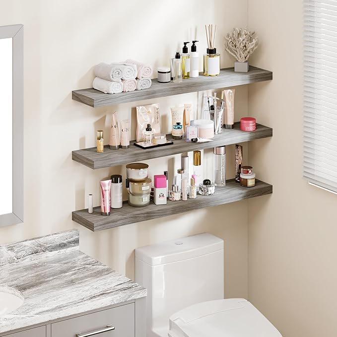 BAMEOS Floating Shelves,40 in W x 8in D Wall Mounted Wooden Shelves with Invisible Brackets Set of 3, Hanging Wall Shelves Decoration for Bedroom, Bathroom, Living Room and Kitchen-NeatNest