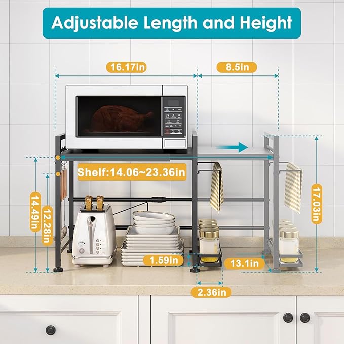 DOLALIKE Microwave Oven Rack, Expandable Microwave Stand Countertop Kitchen Utensils Tableware Storage, Carbon Steel Over Microwave Shelf Countertop with 6 Hooks-NeatNest