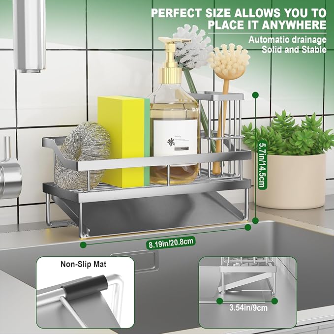 Kitchen Sink Caddy Organzier and Storage Sponge Holder for Sink with High Brush Holder, Rustproof 304 Stainless Kitchen Gadgets Dish Sponge Organizer (Lacquer Silver)-NeatNest