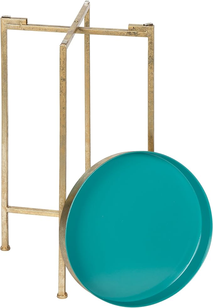 Kate and Laurel Celia Round Metal Foldable Tray Accent Table, Teal with Gold Base