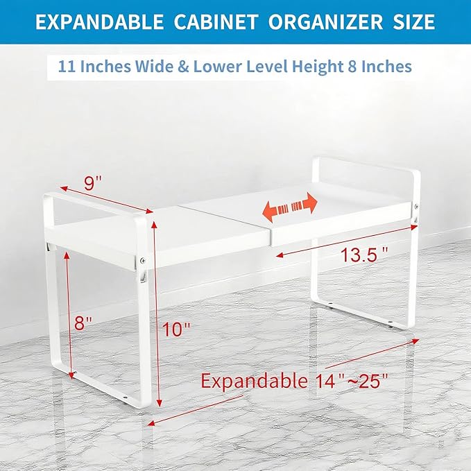 Expandable Cabinet Shelf Organizer 14-25 Inch Adjustable Length, 9" Wide 2-Tier (8" Bottom Layer) Metal Storage Rack for Kitchen Pantry, Under Sink Countertop - Heavy Duty White(1 Pack)