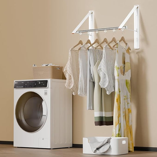 Clothes Drying Rack Retractable, Wall Mounted Clothes Hanger Rack for Laundry Room, Laundry Drying Rack with Clothes Rod Space Saving Closet Organizer Aluminium (White, 2P)-NeatNest