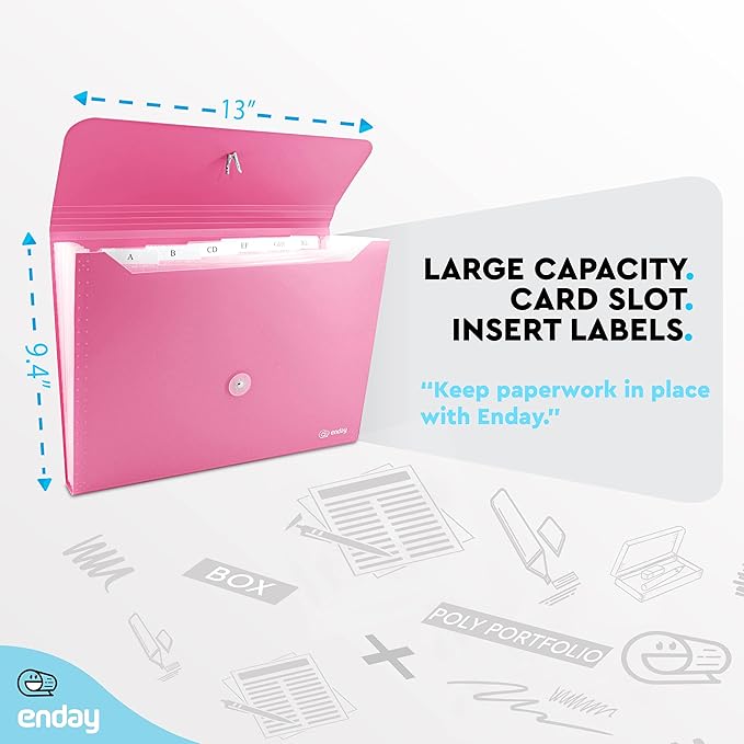 Accordian File Organizer, 7 Pocket Expanding File & Cover Folder with Labels, Plastic Portable Desktop Supplies Letter A4 Paper in Green and Pink (2 Pack) – by Enday