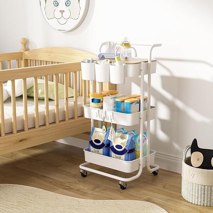 3 Tier Rolling Cart with Metal Handle, Table Top, Hanging Cups, Hooks, Plastic Storage Baskets& Wheels Lockable, Utility Cart for Bathroom Classroom Office Kitchen Pantry Organizers and Storage, White-NeatNest