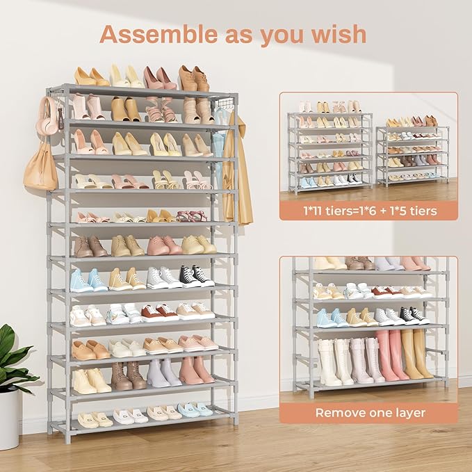 11 Tiers Tall Wide Shoe Rack 55 Pairs Large Capacity Sturdy Durable Shoe Rack for Closet Metal Shoe Organizer Shelf with Two Hooks Space Saving for Entryway Grey-NeatNest