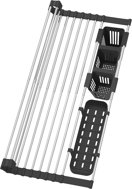 Black Expandable Roll Up Dish Drying Rack Up to 22.8''with 2 Storage Baskets,Over The Sink Kitchen Rolling up Dish Drainer Drying Rack , Foldable,Rollable,for Kitchen Dishes(Expandable Width Size)-NeatNest