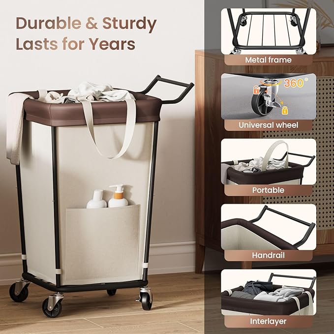 160L Laundry Hamper with Wheels and Handle, 2-Section Rolling Hamper for Laundry, Large Laundry Basket with Wheels, Rolling Laundry Basket Clothes Hamper for Home, Bathroom and Dorm(Beige)