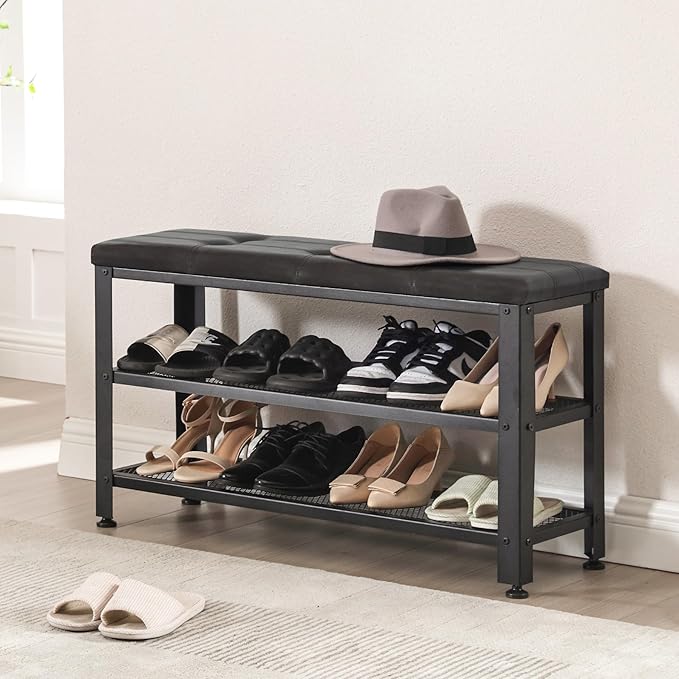 Apicizon 35.5" Shoe Rack Bench, 3-Tier Entryway Bench, with Leather Seat and Metal Frame, Loads 300 lb, Suitable for Living Room, Hallway, Mudroom, Doorway, Black-NeatNest